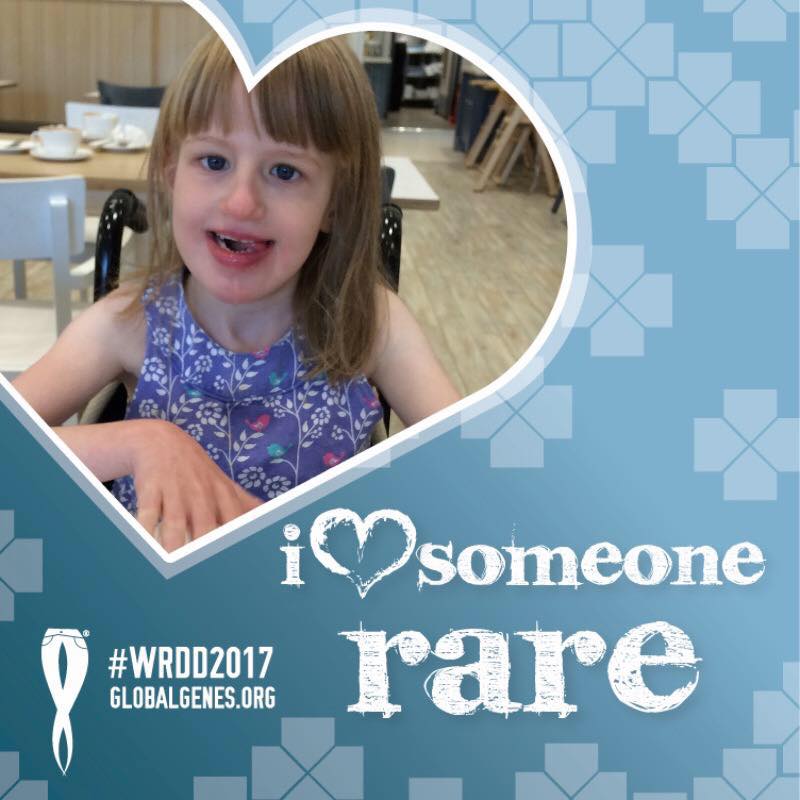Global Genes Day graphic with EJ's photo in a heart shape, tag line: I love someone rare